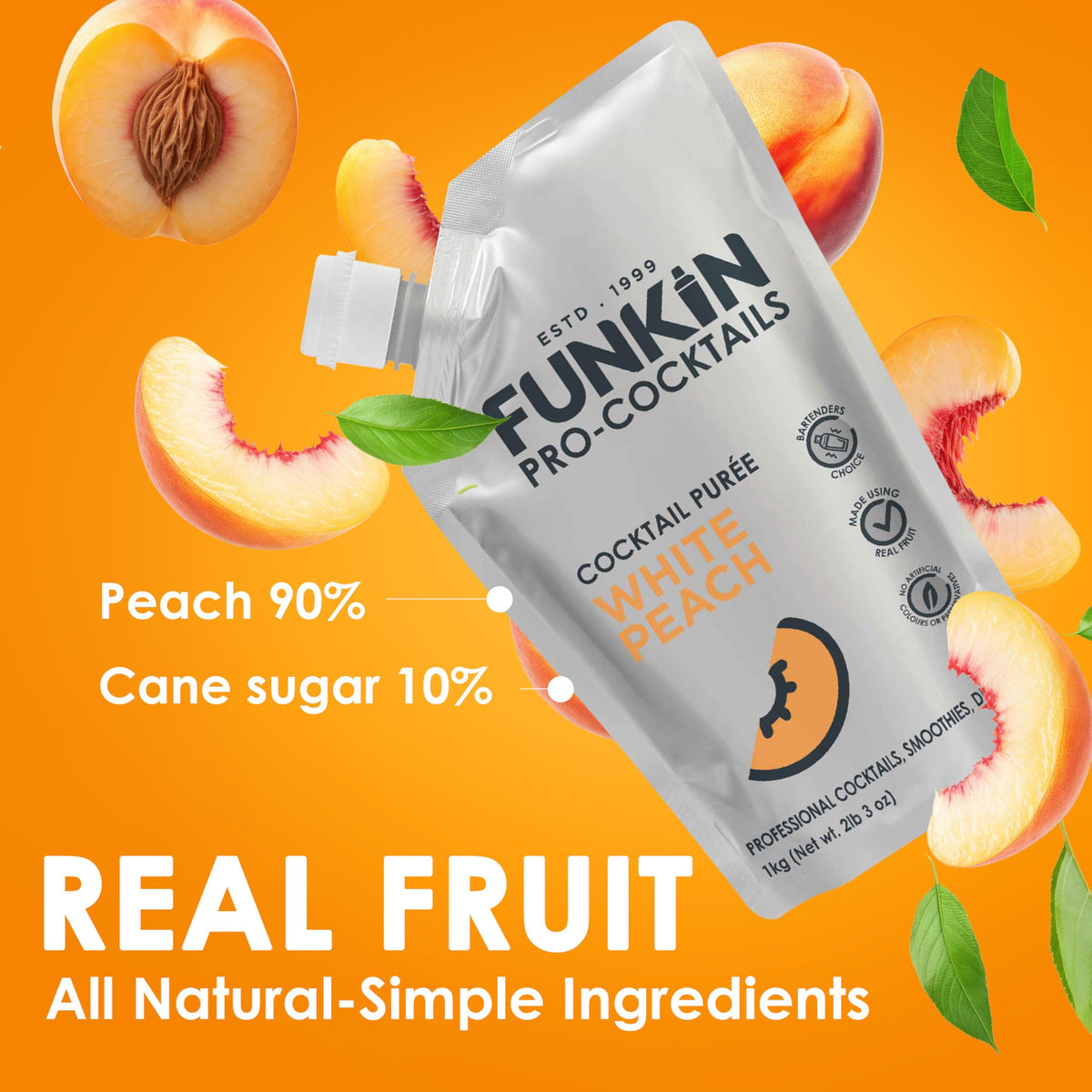 Funkin White Peach Fruit Puree | Real Fruit, Simple Ingredient, Natural Mixer for Cocktails & Drinks | Vegan, Non-GMO, Gluten-Free (2.2 lb)