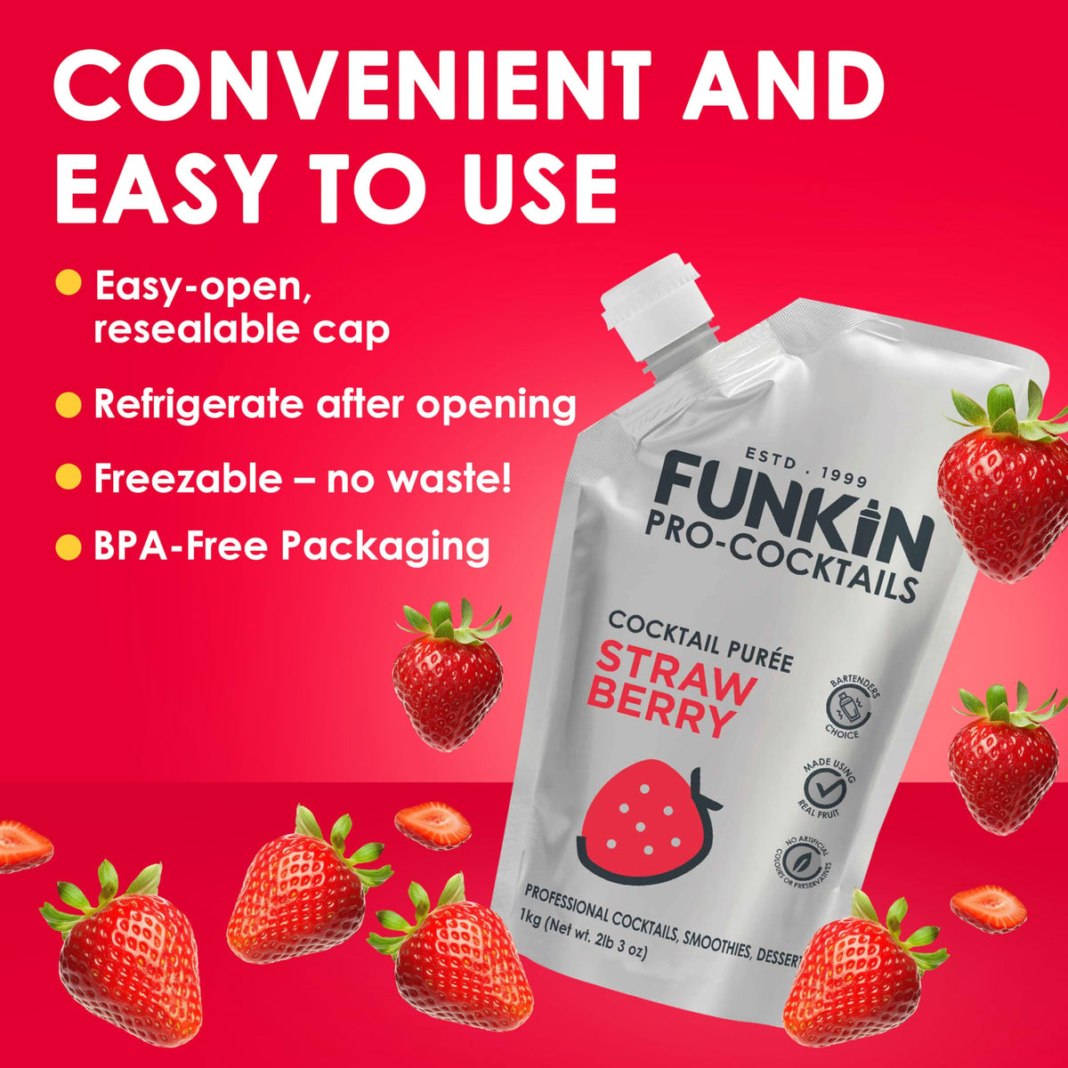 Funkin Strawberry Fruit Puree | Real Fruit, Simple Ingredients for Cocktails & Smoothies | Vegan, Non-GMO, Gluten-Free (2.2 lb)