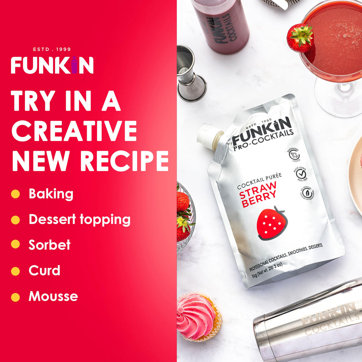 Funkin Strawberry Fruit Puree | Real Fruit, Simple Ingredients for Cocktails & Smoothies | Vegan, Non-GMO, Gluten-Free (2.2 lb)
