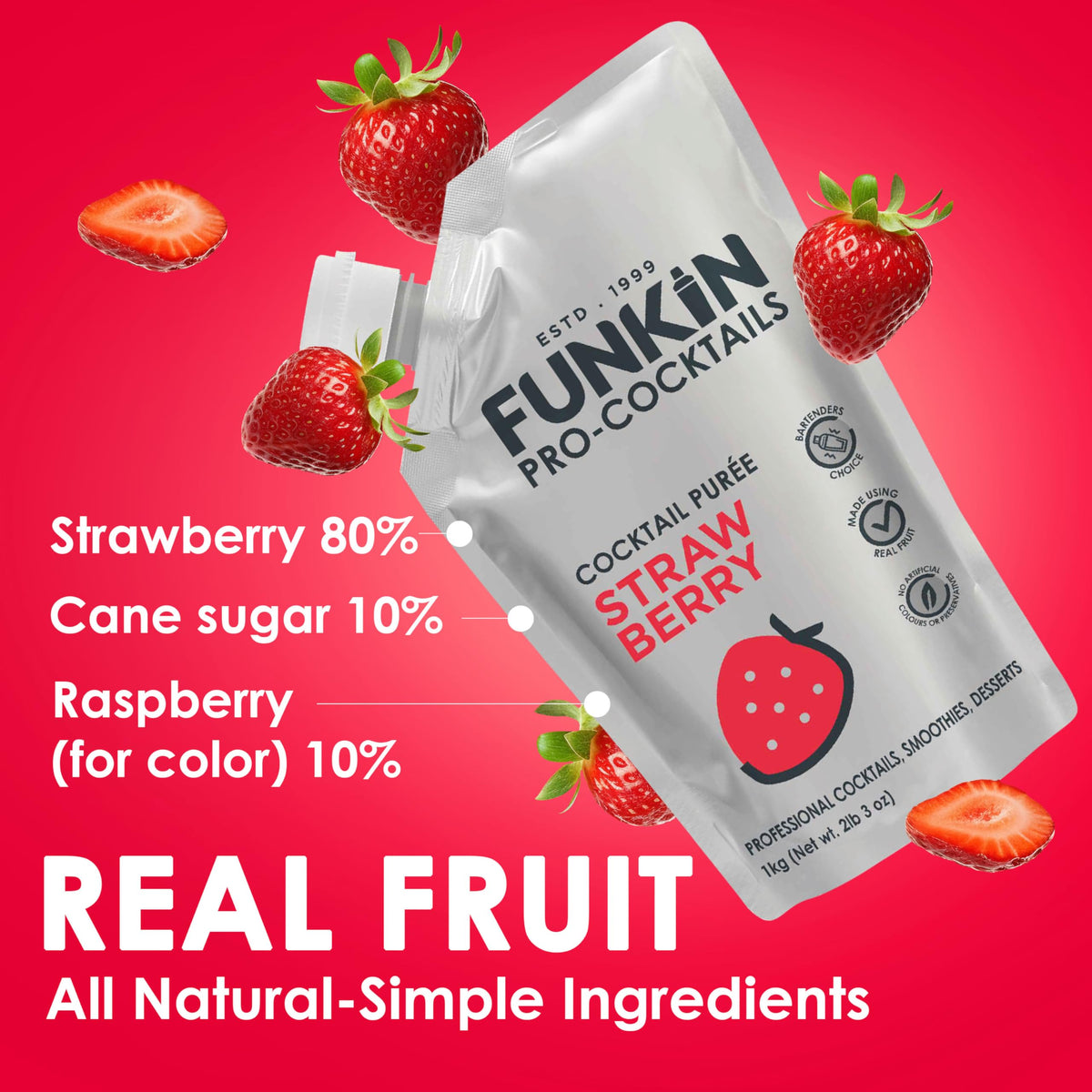 Funkin Strawberry Fruit Puree | Real Fruit, Simple Ingredients for Cocktails & Smoothies | Vegan, Non-GMO, Gluten-Free (2.2 lb)