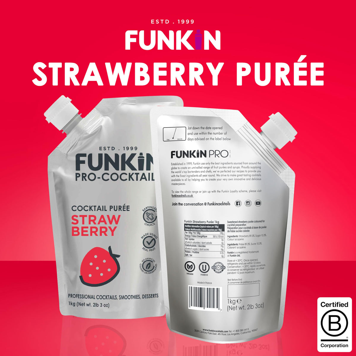 Funkin Strawberry Fruit Puree | Real Fruit, Simple Ingredients for Cocktails & Smoothies | Vegan, Non-GMO, Gluten-Free (2.2 lb)