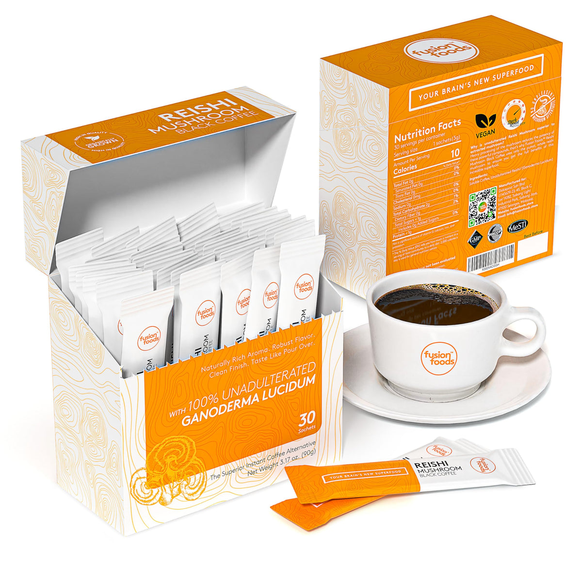 Reishi Mushroom Black Coffee by Fusion Foods™ | All-Natural Ganoderma, Robust Aroma & Taste - 30 Counts