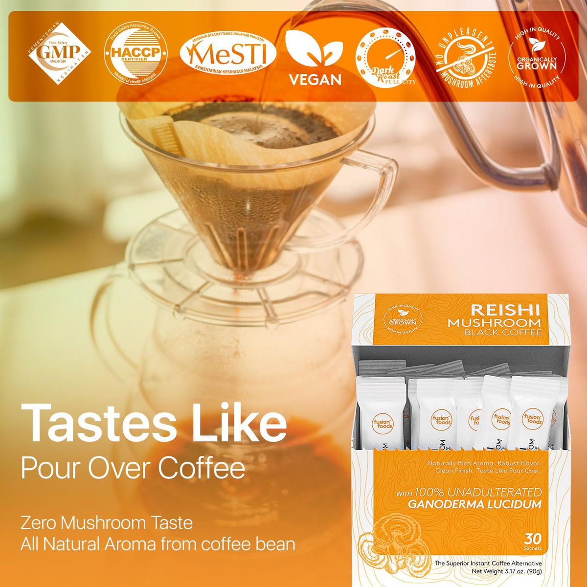 Reishi Mushroom Black Coffee by Fusion Foods™ | All-Natural Ganoderma, Robust Aroma & Taste - 30 Counts