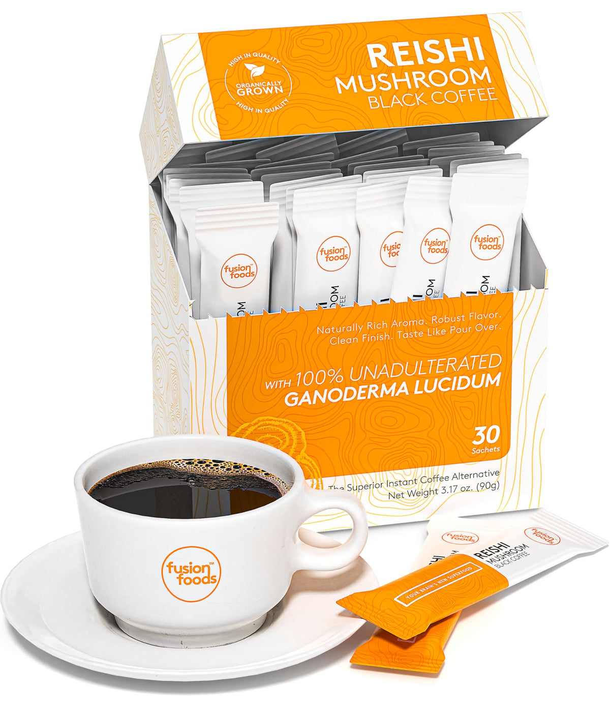 Reishi Mushroom Black Coffee by Fusion Foods™ | All-Natural Ganoderma, Robust Aroma & Taste - 30 Counts