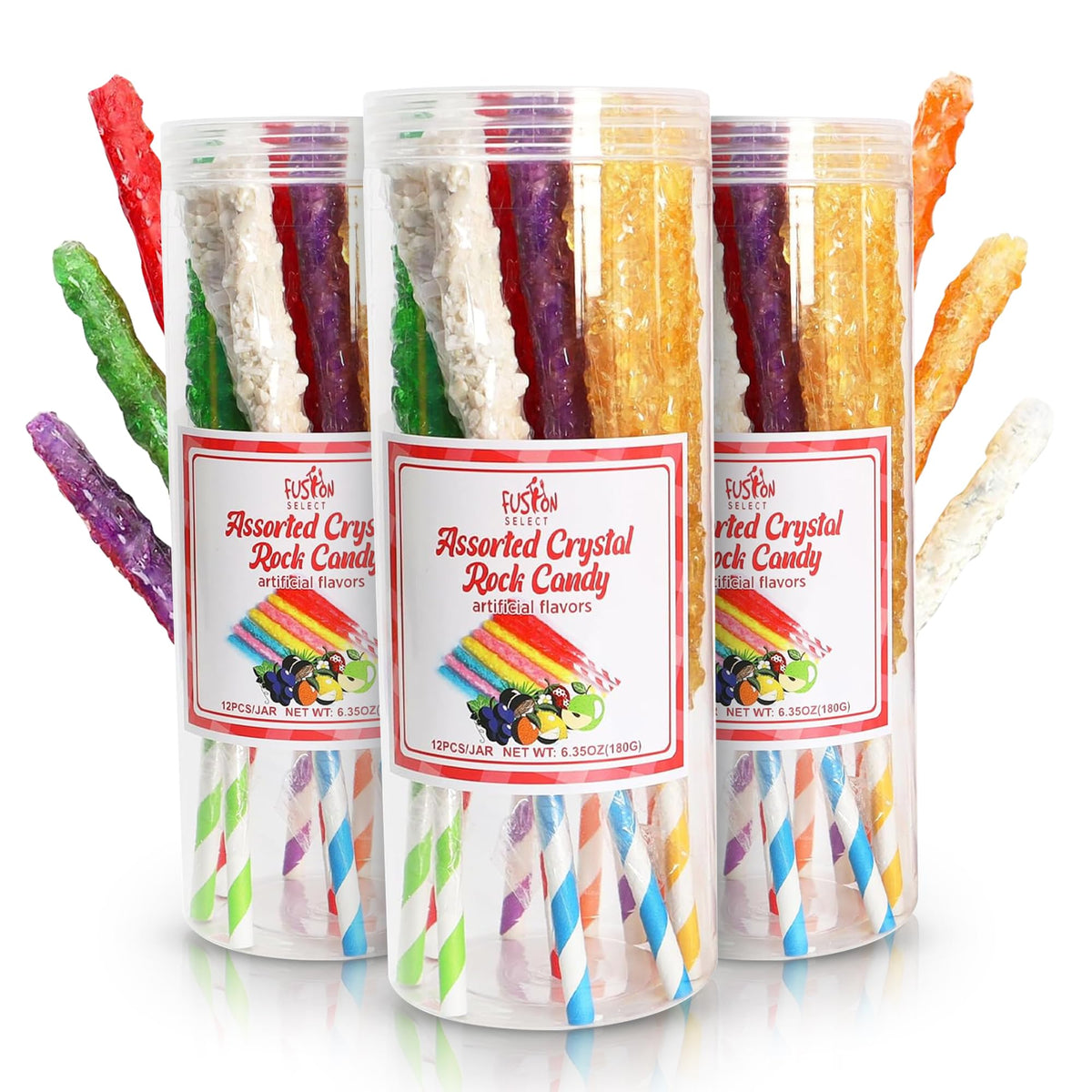 Fusion Select 36 Crystal Rock Candy Sticks – Assorted Large, Individually Wrapped Lollies for Parties