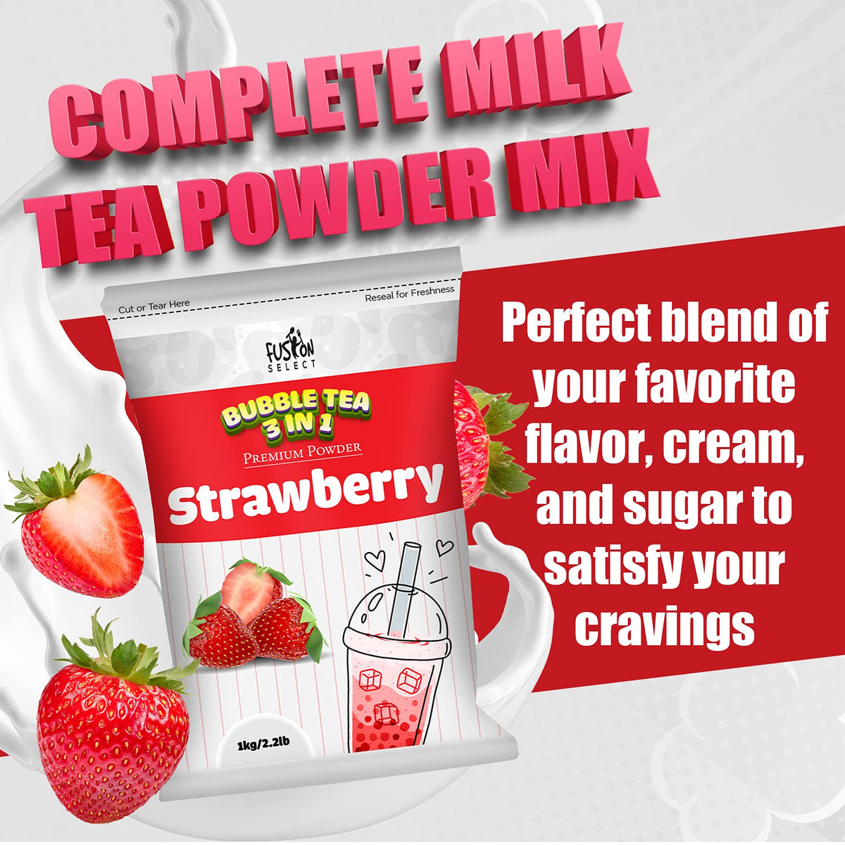 Fusion Select Strawberry Tea Powder 2.2lb – 3-in-1 Cream & Sugar Drink Mix