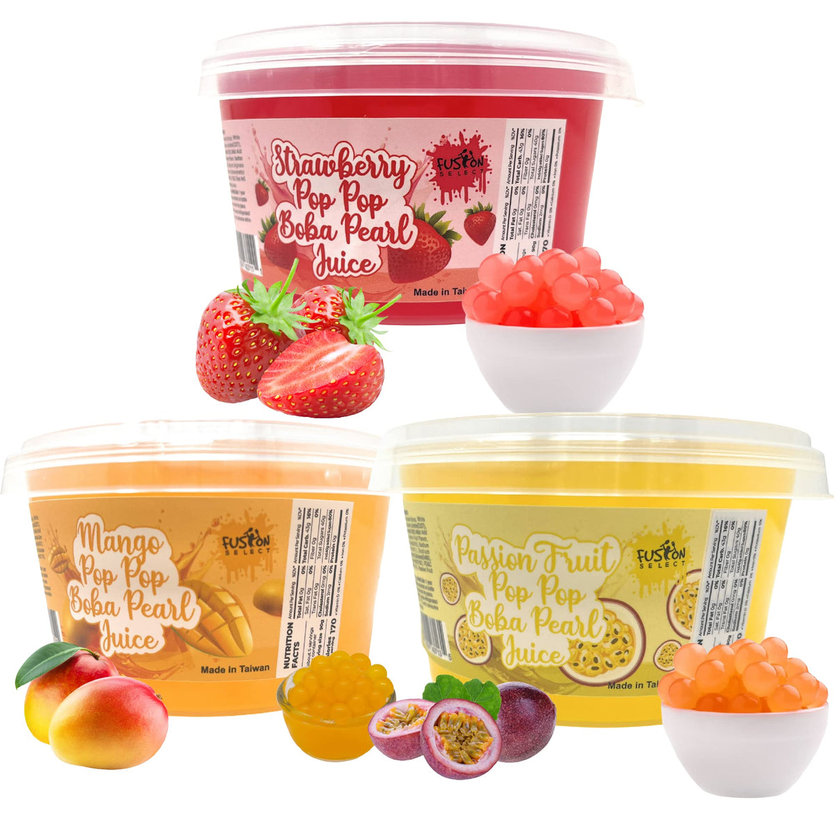 Fusion Select Bursting Boba Pearls – Strawberry, Mango & Passion Fruit Toppings for Tea & Snacks