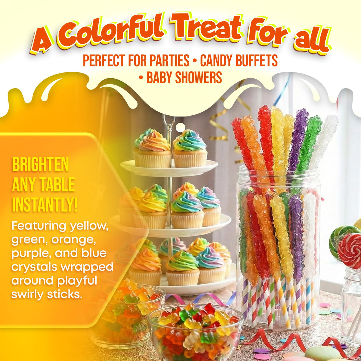 Fusion Select 36 Crystal Rock Candy Sticks – Assorted Large, Individually Wrapped Lollies for Parties