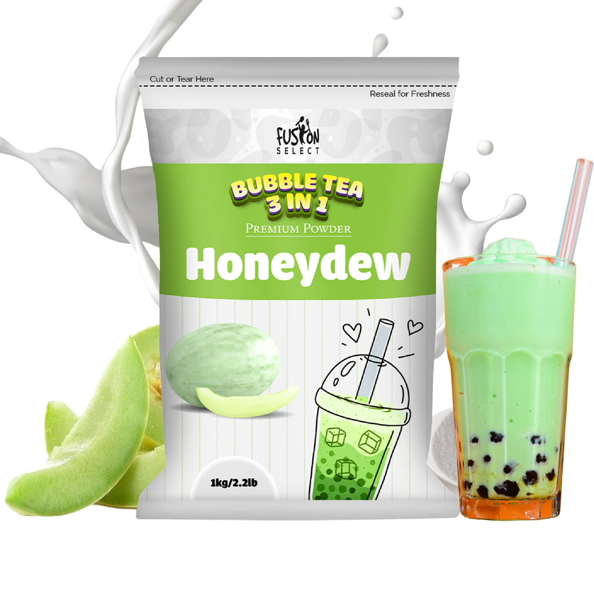 Fusion Select 2.2lb Honeydew Tea Powder – 3-in-1 Cream & Sugar Drink Mix for Hot or Cold Beverages