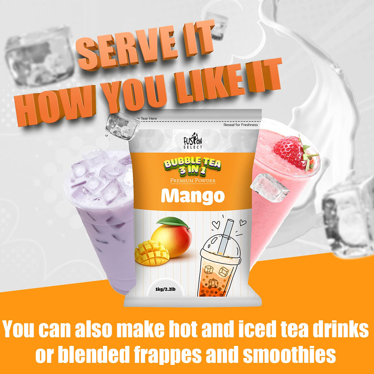 Fusion Select Mango Tea Powder 2.2lb – 3-in-1 Cream & Sugar Instant Beverage (Hot or Cold)