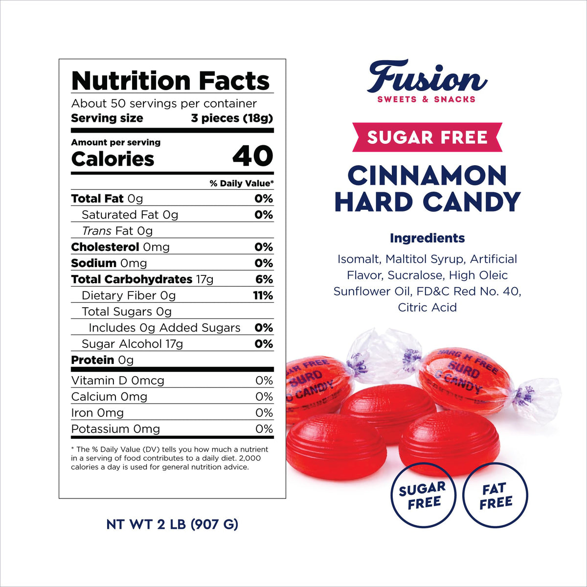 Fusion Sweets Sugar Free Cinnamon Hard Candy Arcor – 2lb Bulk Bag (Approx. 150 Pieces)