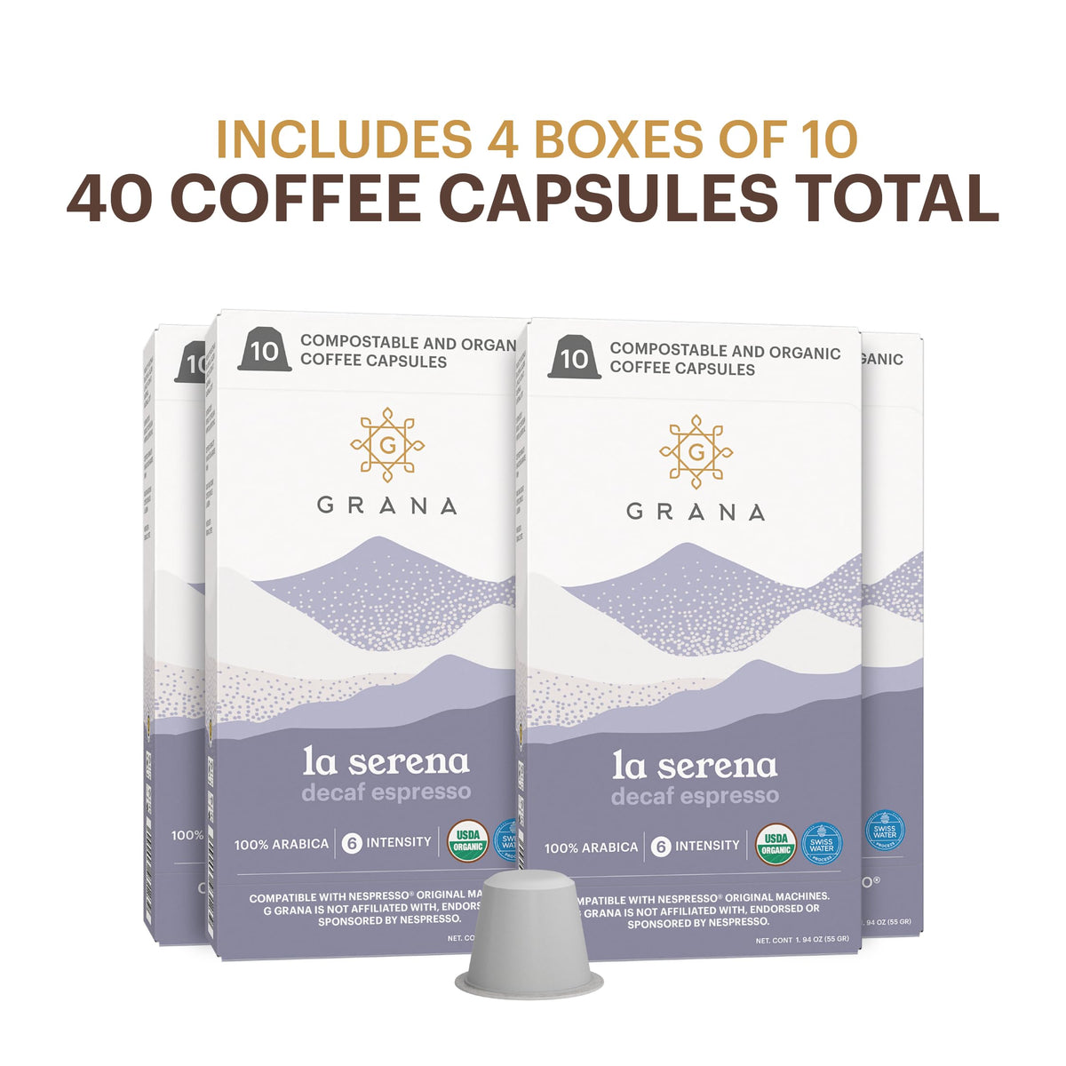 G Grana Decaf Coffee Pods – Nespresso OriginalLine Compatible, 40 Count, Dark Roast, USDA Organic 100% Arabica, Compostable Capsules