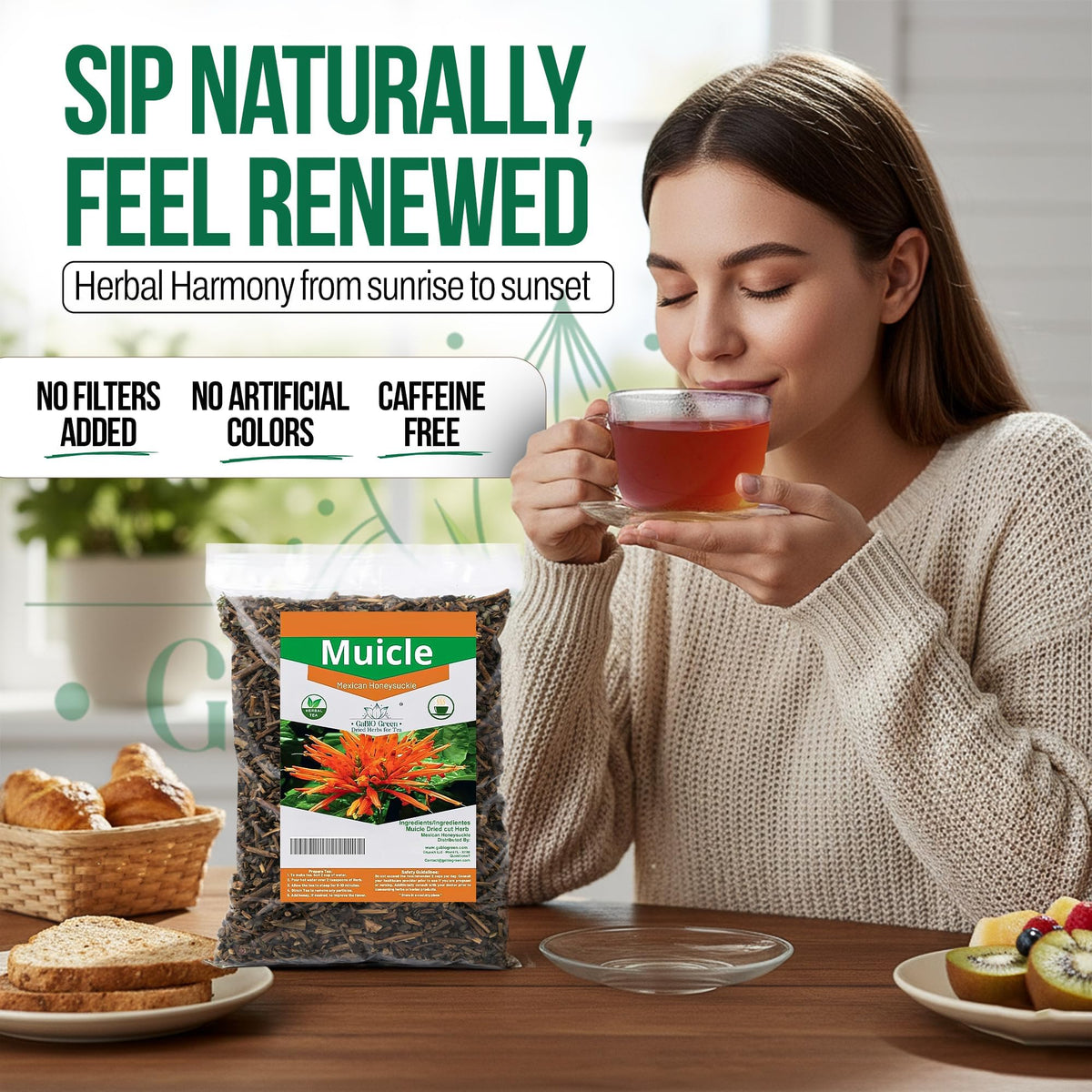 Gabio Green Muicle Mexican Honeysuckle Tea – Caffeine-Free Loose Leaf Herbal Tea (230 g)