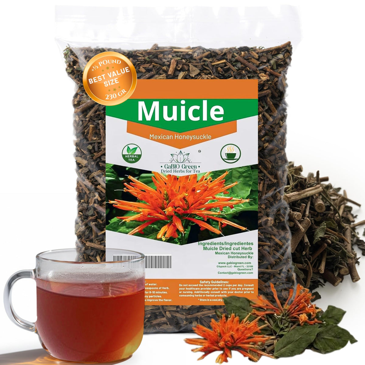 Gabio Green Muicle Mexican Honeysuckle Tea – Caffeine-Free Loose Leaf Herbal Tea (230 g)