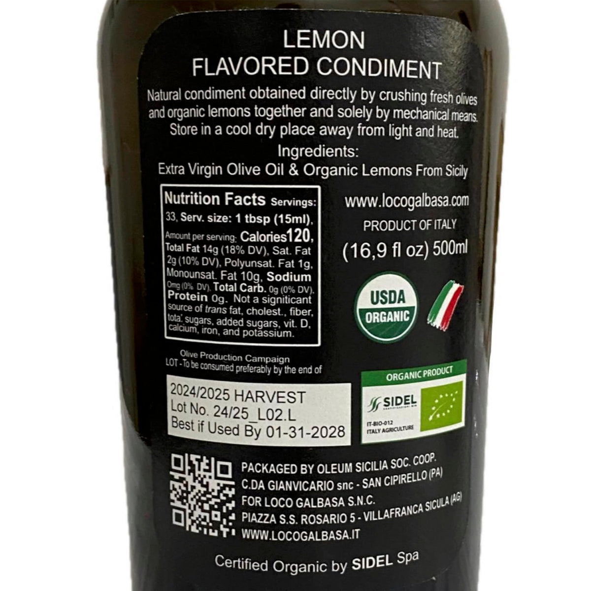 Galbasa Organic Lemon Oil from Sicily | First Cold Pressed Extra Virgin Olive Oil & Fresh Lemons | Polyphenol Rich, No Pesticides | 16.9 fl oz