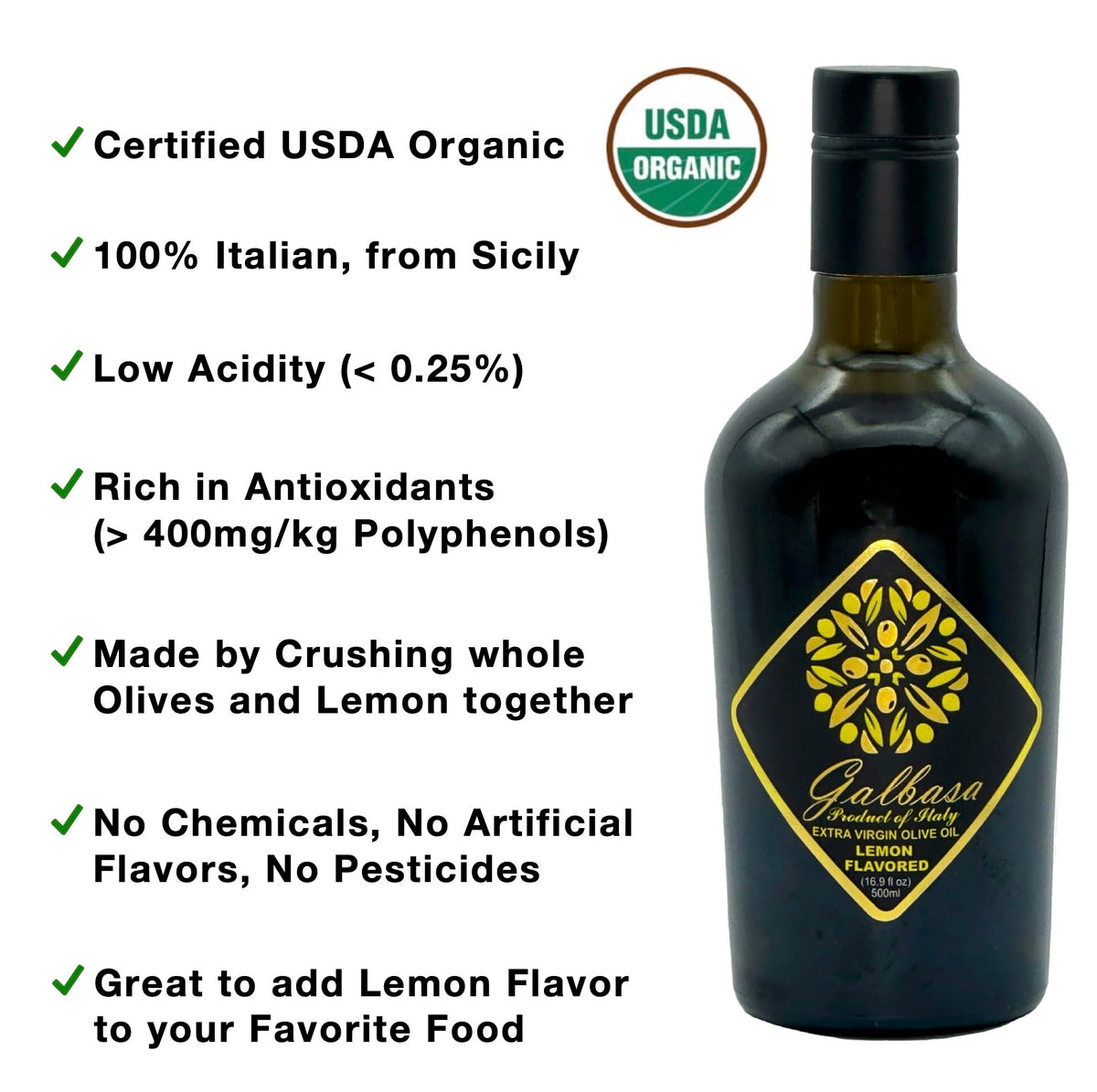 Galbasa Organic Lemon Oil from Sicily | First Cold Pressed Extra Virgin Olive Oil & Fresh Lemons | Polyphenol Rich, No Pesticides | 16.9 fl oz