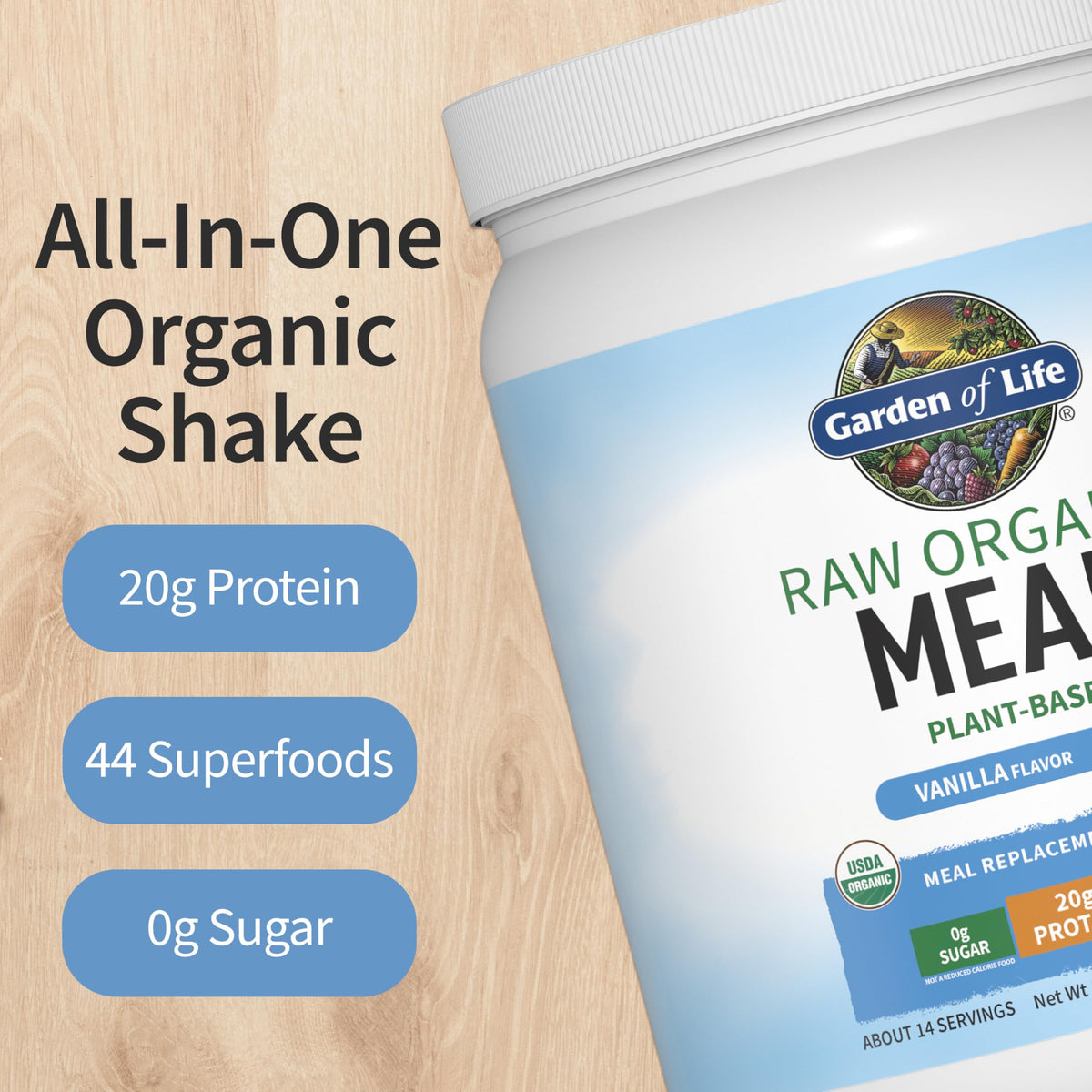 Garden of Life Raw Organic Meal Replacement Shakes – Vanilla Plant-Based Protein, Probiotics, 14 Servings