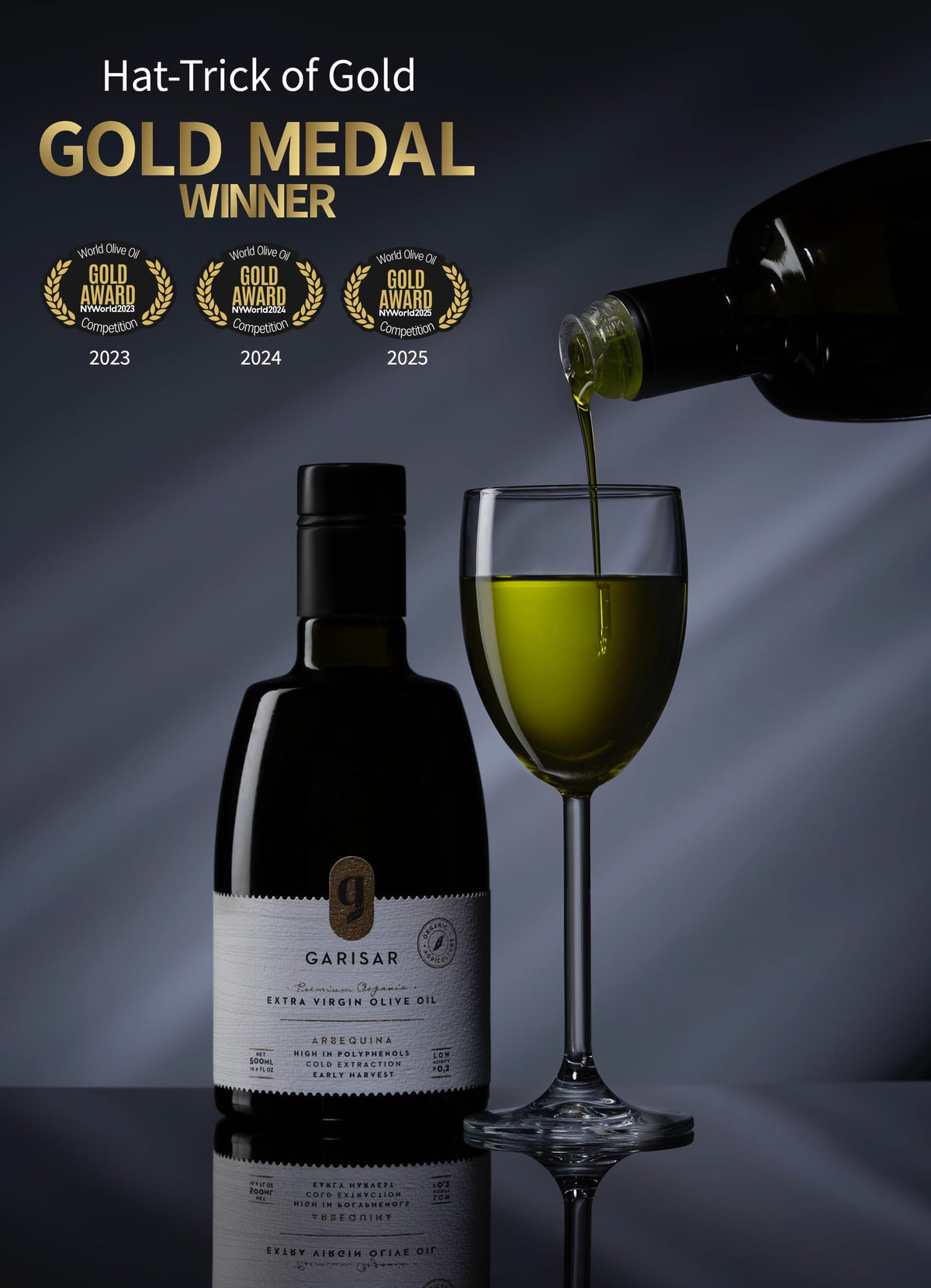 GARISAR High Polyphenol Premium Extra Virgin Olive Oil | Organic Arbequina, Early Harvest, Cold-Pressed | 0.2% Acidity | NYIOOC 2025 Gold Medal