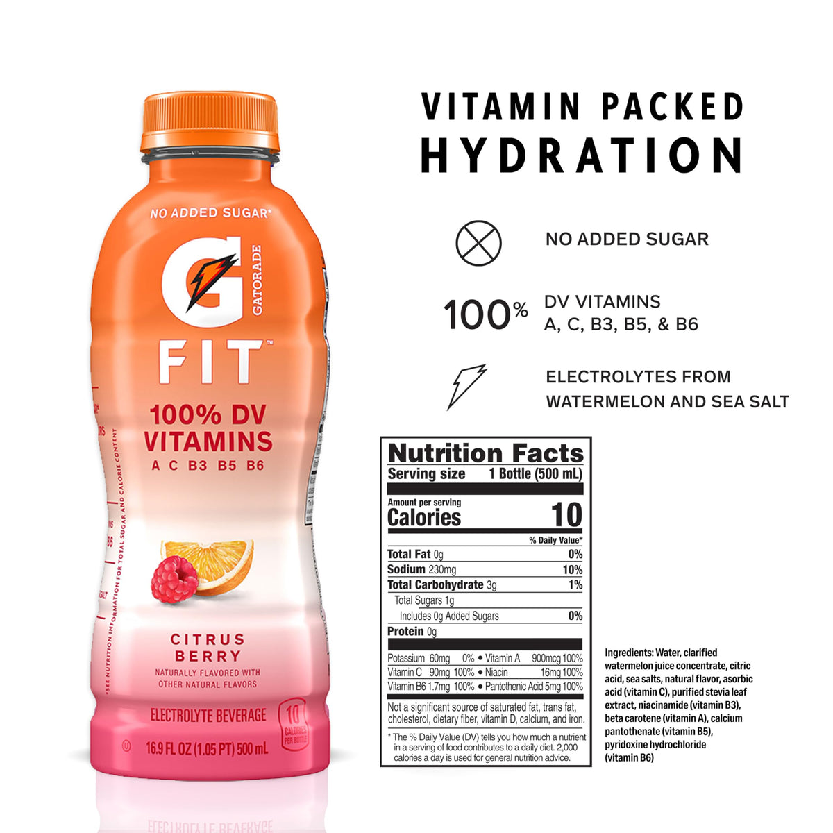 Gatorade Fit Electrolyte Beverage | Real Hydration, Citrus Berry, 16.9oz Bottle, 12-Pack