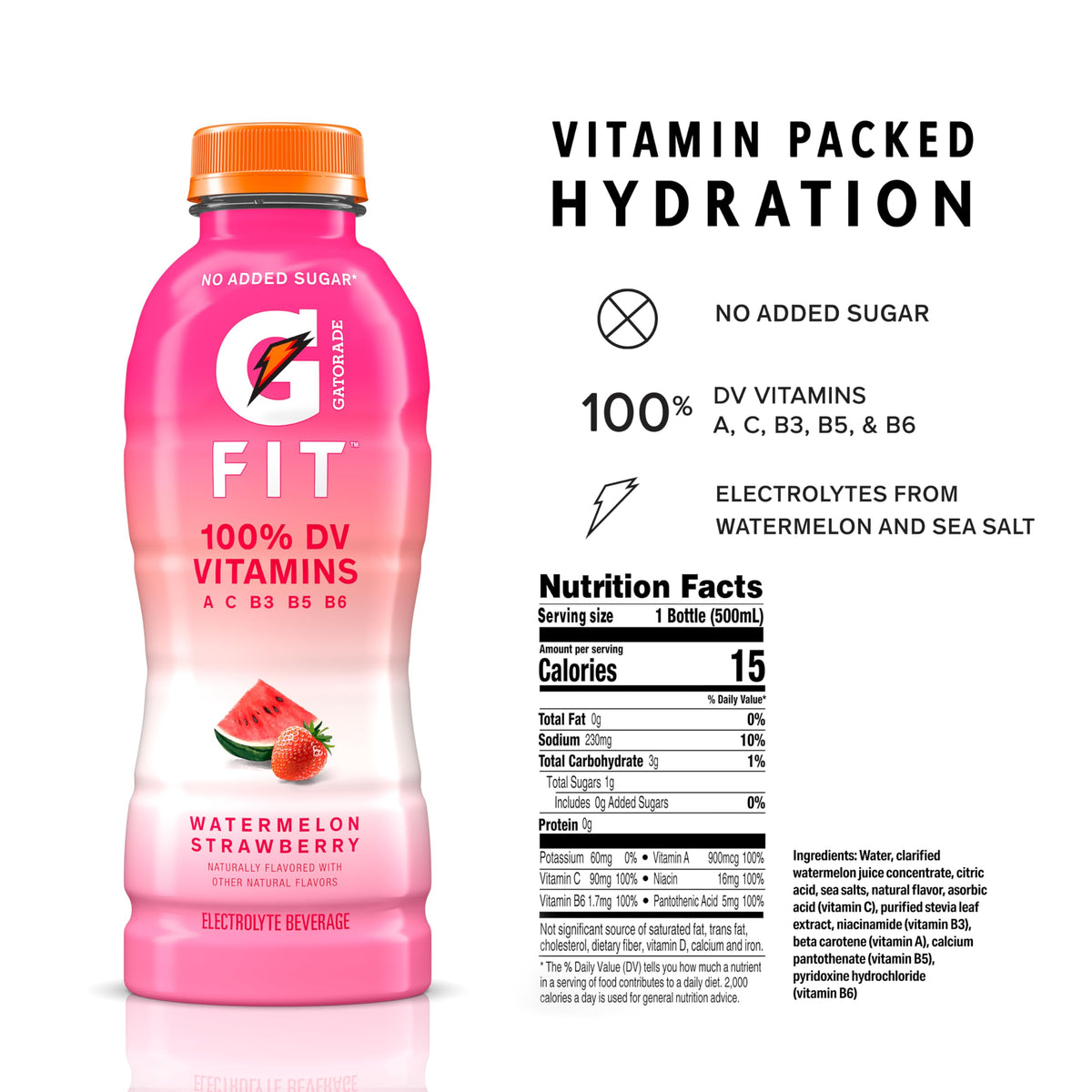 Gatorade Fit Electrolyte Beverage – Watermelon Strawberry, 16.9 oz Bottle Pack (12)