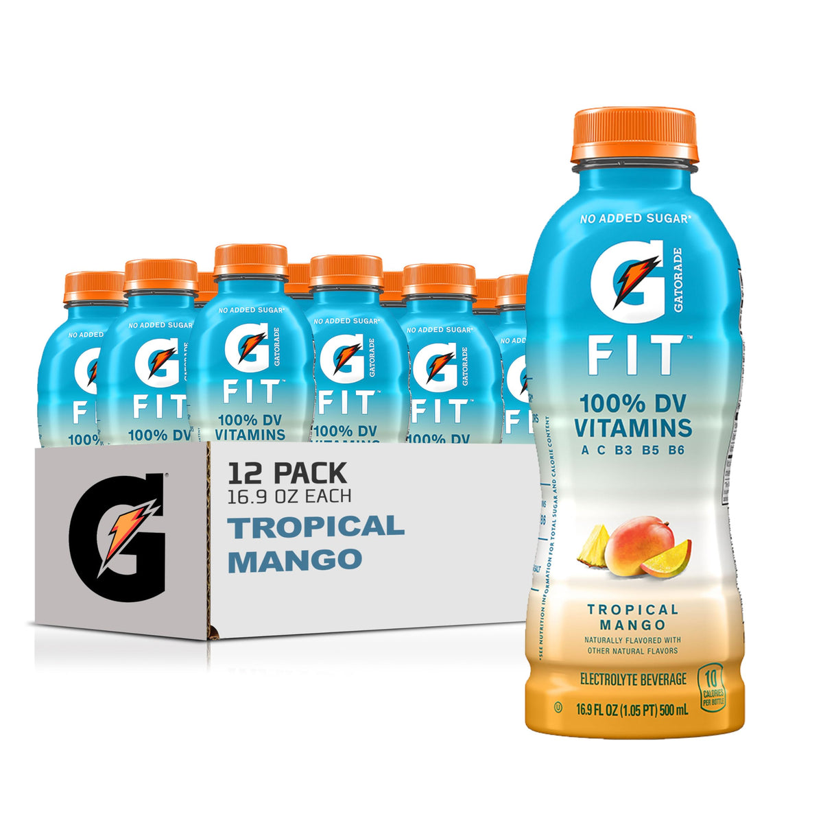 Gatorade Fit Electrolyte Beverage — Real Hydration, No Added Sugar, Tropical Mango (12x16.9 oz)