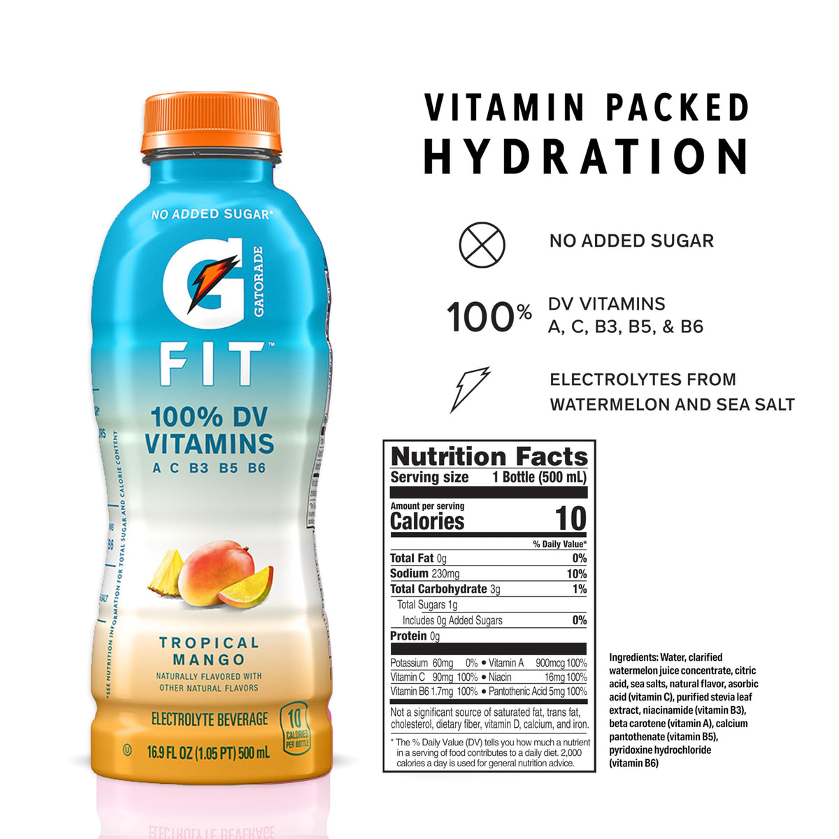 Gatorade Fit Electrolyte Beverage — Real Hydration, No Added Sugar, Tropical Mango (12x16.9 oz)