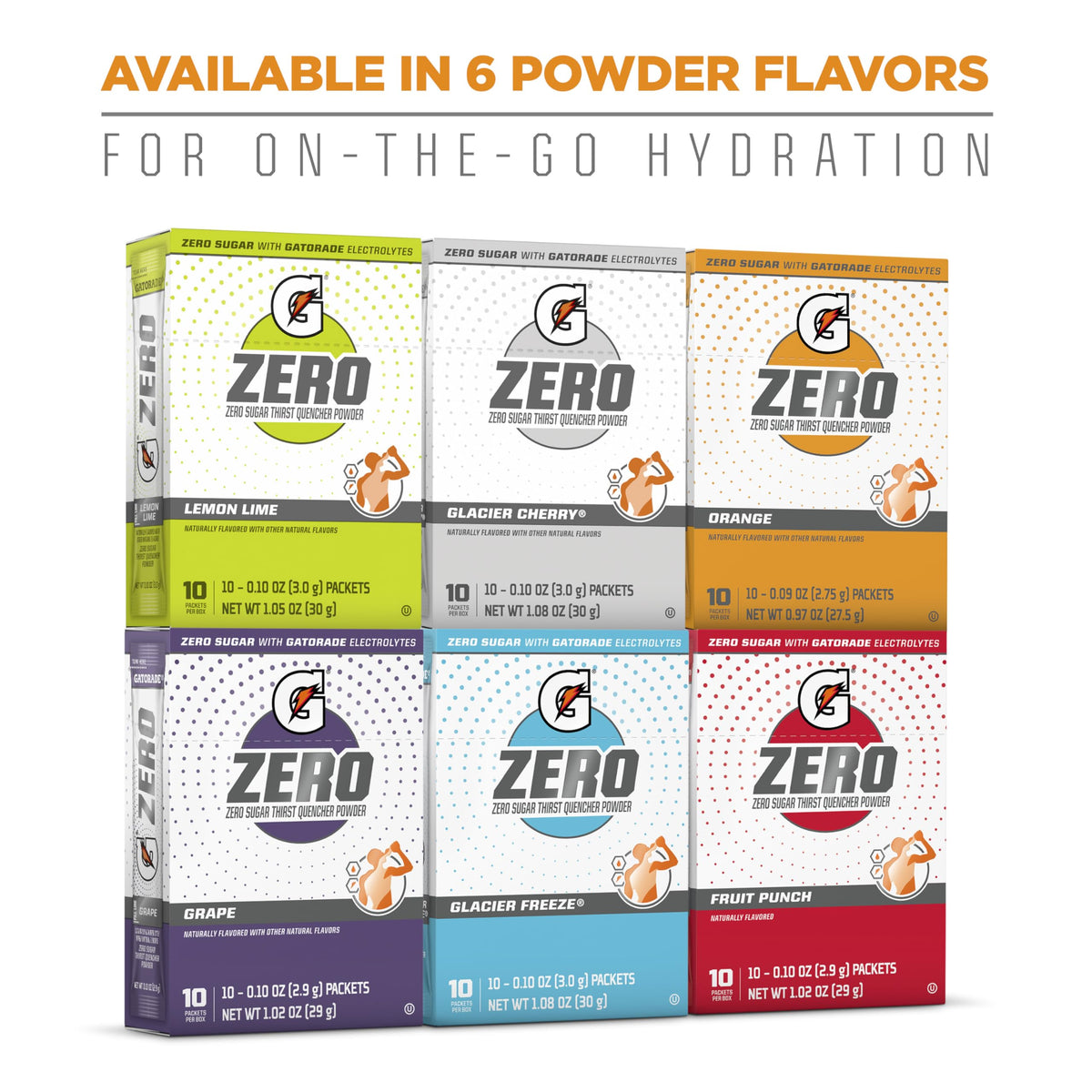 Gatorade G Zero Powder Fruit Punch Variety Pack – 0.10oz Packets, 50-Count (5 x 10)