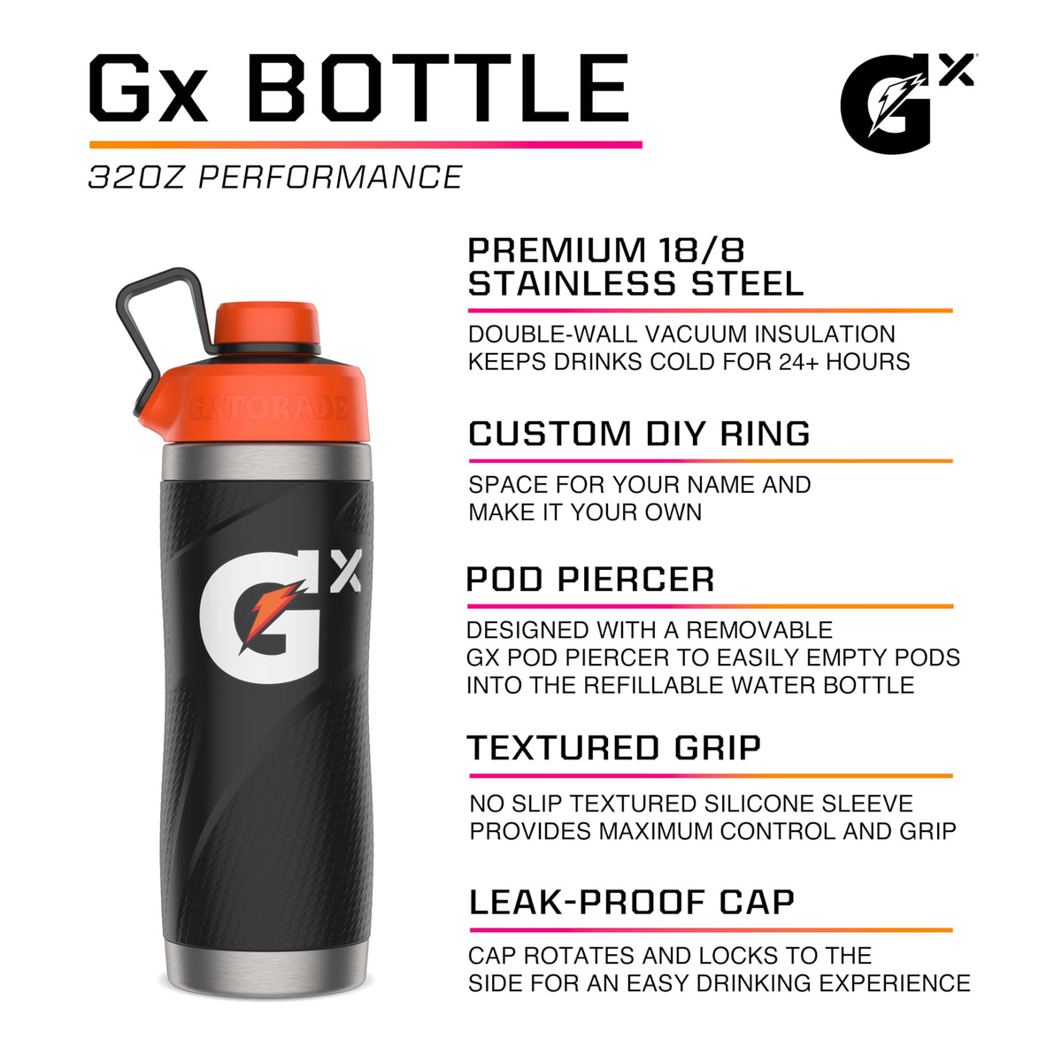 Gatorade Gx Stainless Steel Bottle 32oz – BPA-Free, Double-Wall Vacuum Insulation