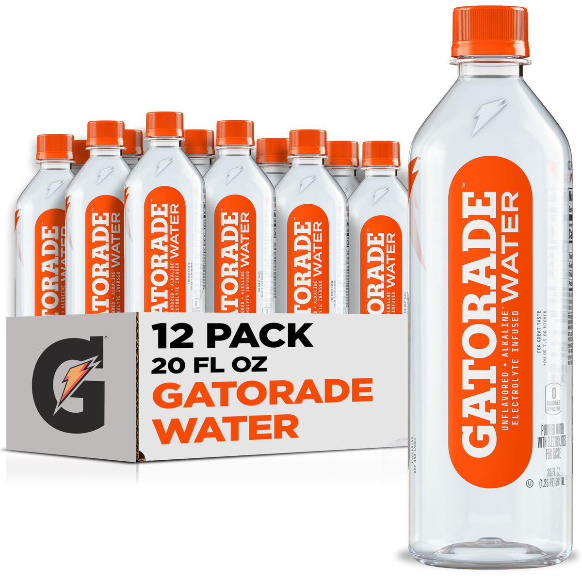 Gatorade Water Unflavored Electrolyte Hydration — 20 oz x12, Alkaline pH 7.5+, Zero Calories