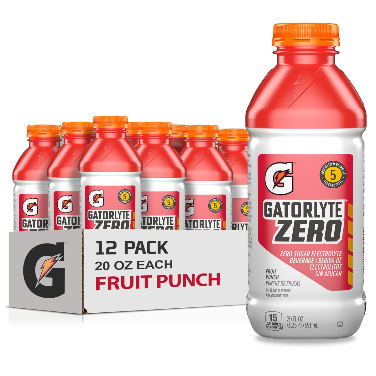 Gatorlyte Zero Rehydration Electrolyte Drink – Fruit Punch, 20oz Bottles (12 Pack)
