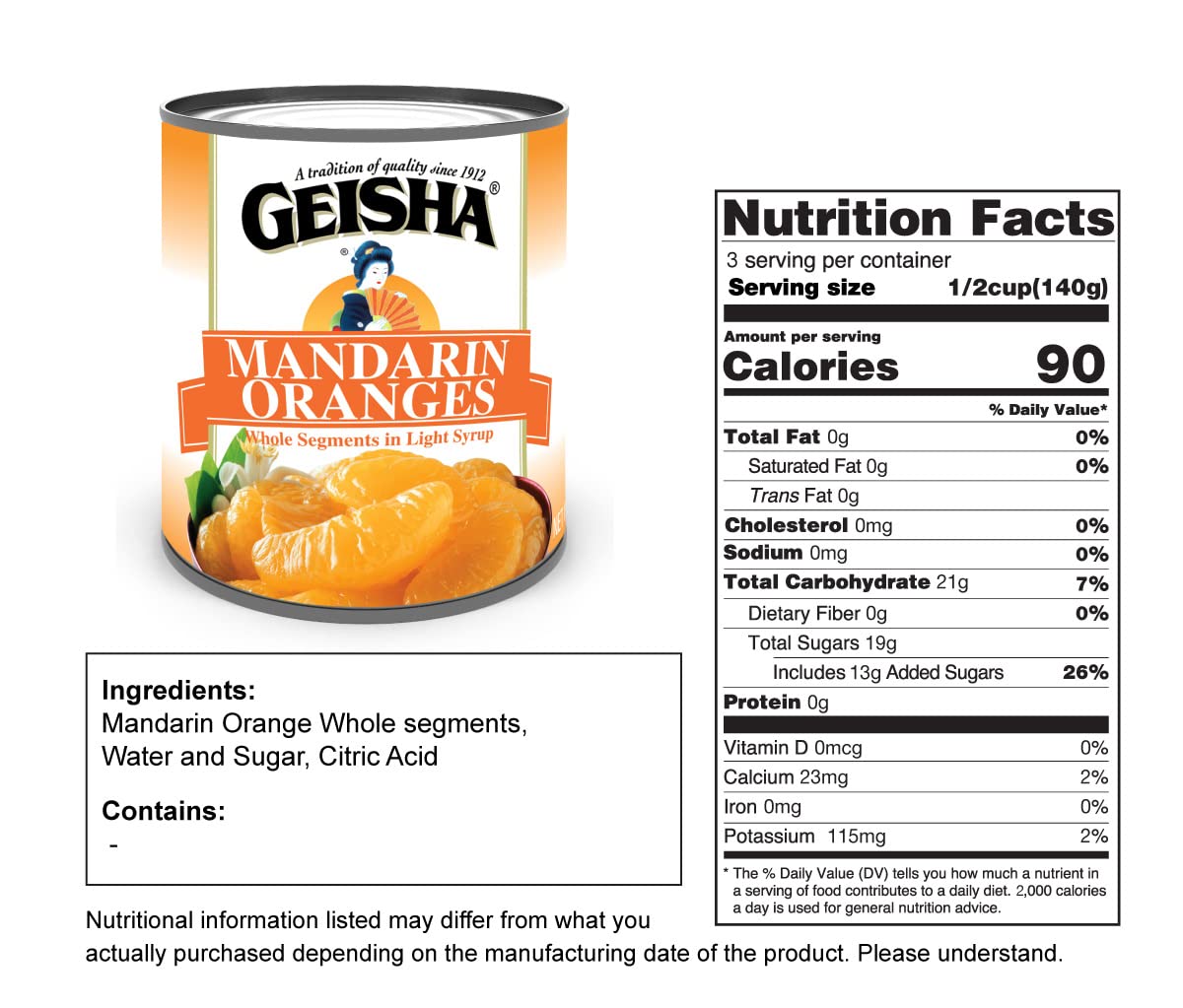 GEISHA Mandarin Oranges in Lite Syrup 11 oz Can – Pack of 24 | Kosher Certified & Gluten Free