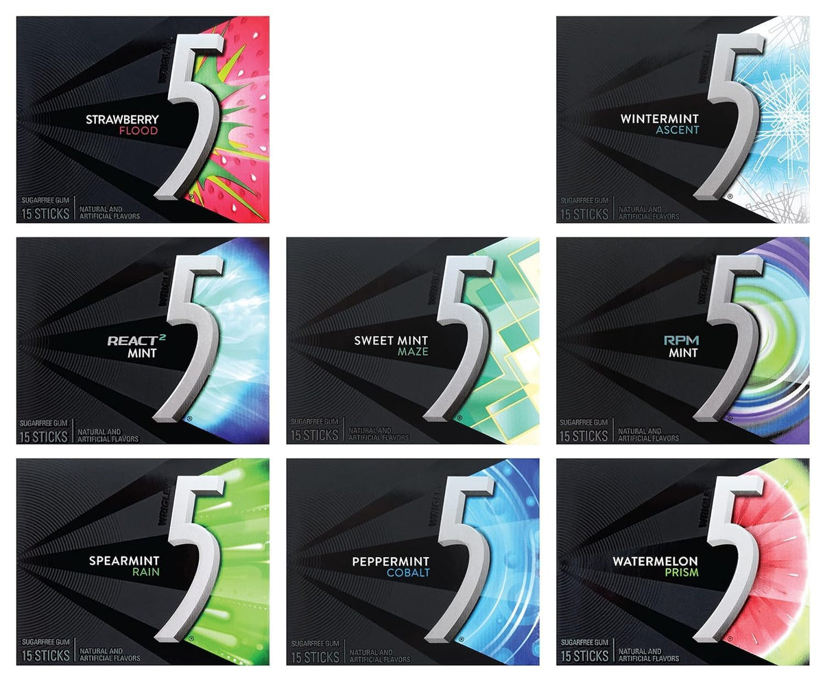Generic 5 Gum – 5 Calories Sugar-Free Assorted Flavor (6 Pack) – 15 Sticks Per Pack – Six Flavors Included