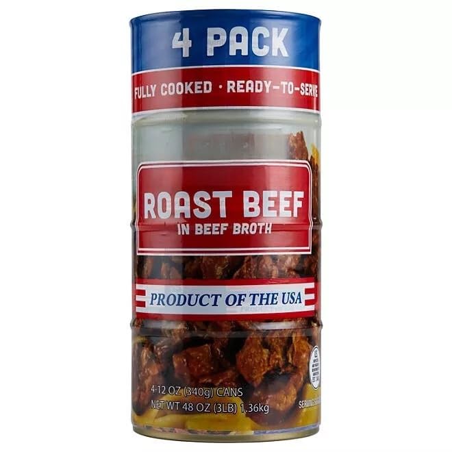 Generic Roast Beef in Beef Broth Can – 12 oz, 4 Pack, 3 lbs Total, 97% Fat Free