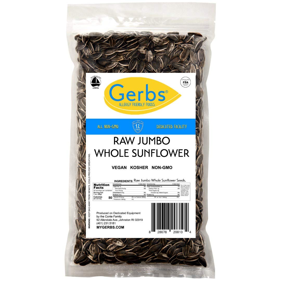 GERBS Jumbo Raw Whole Sunflower Seeds – 2 lbs, Shell-On, Allergen-Free