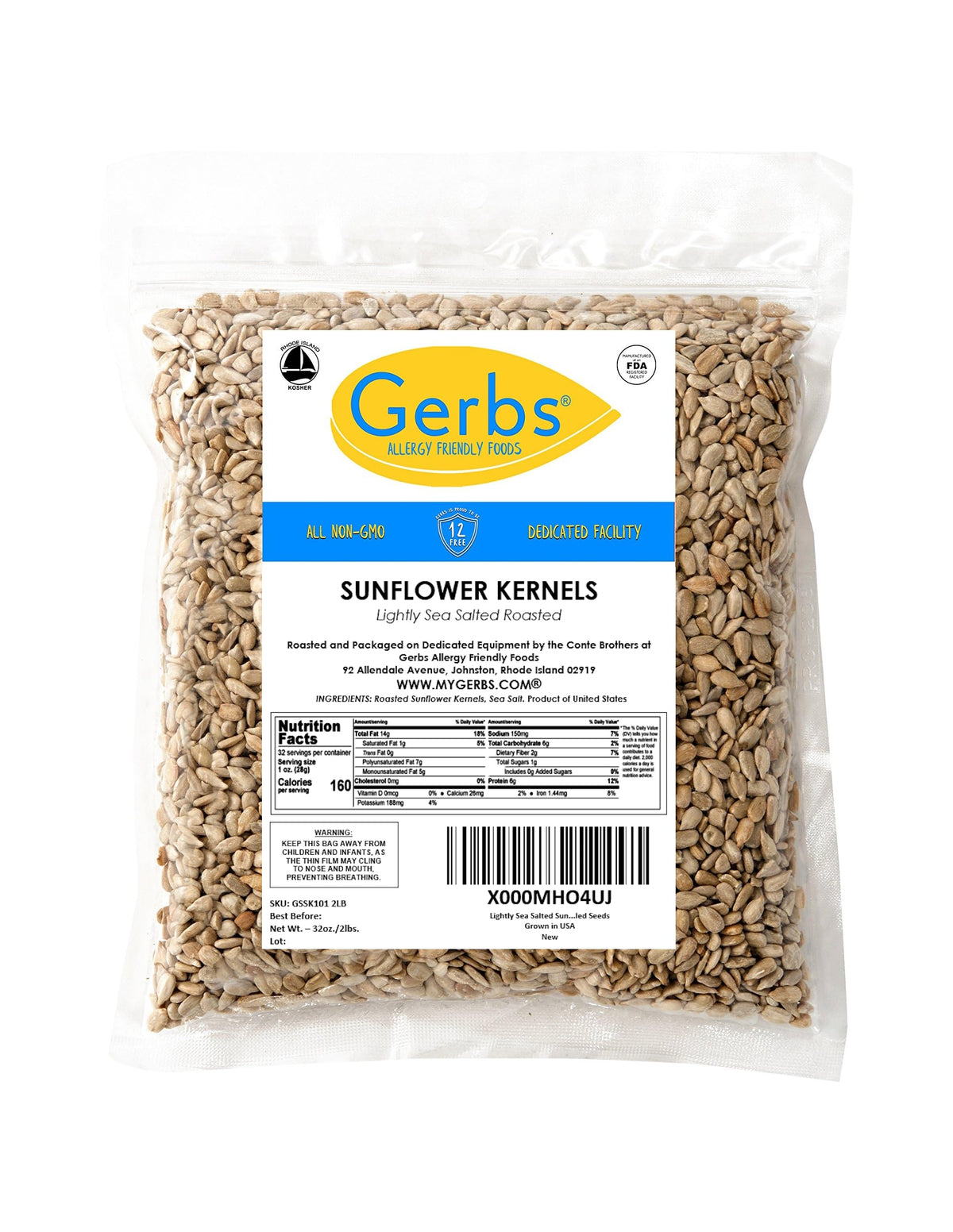 Gerbs Lightly Sea Salted Sunflower Seed Kernels – 2 LBS, Top 14 Allergen-Free & Non-GMO
