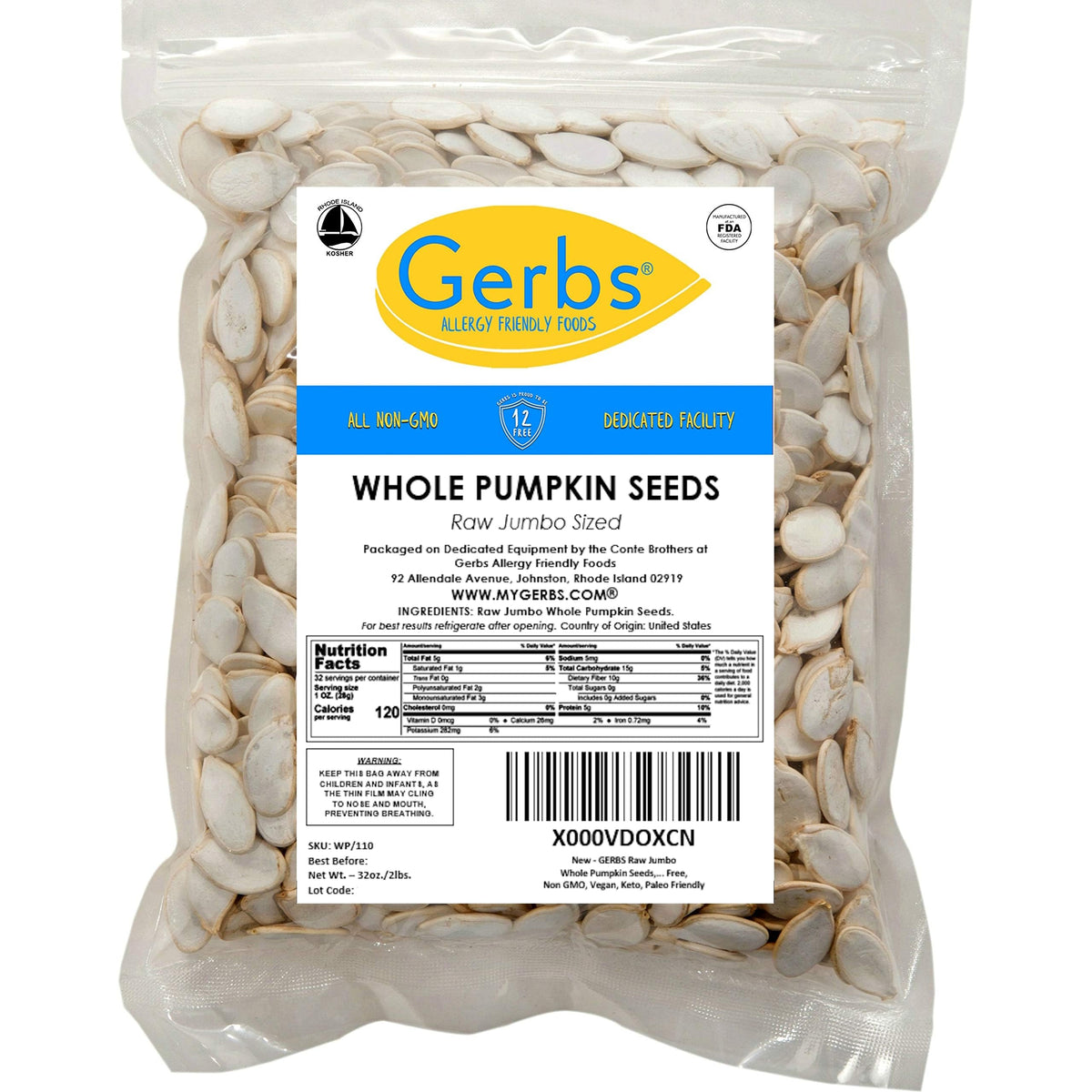 GERBS Jumbo Raw Pumpkin Seeds in Shell – 2 LBS, Allergen-Free, Non-GMO, Vegan & Kosher