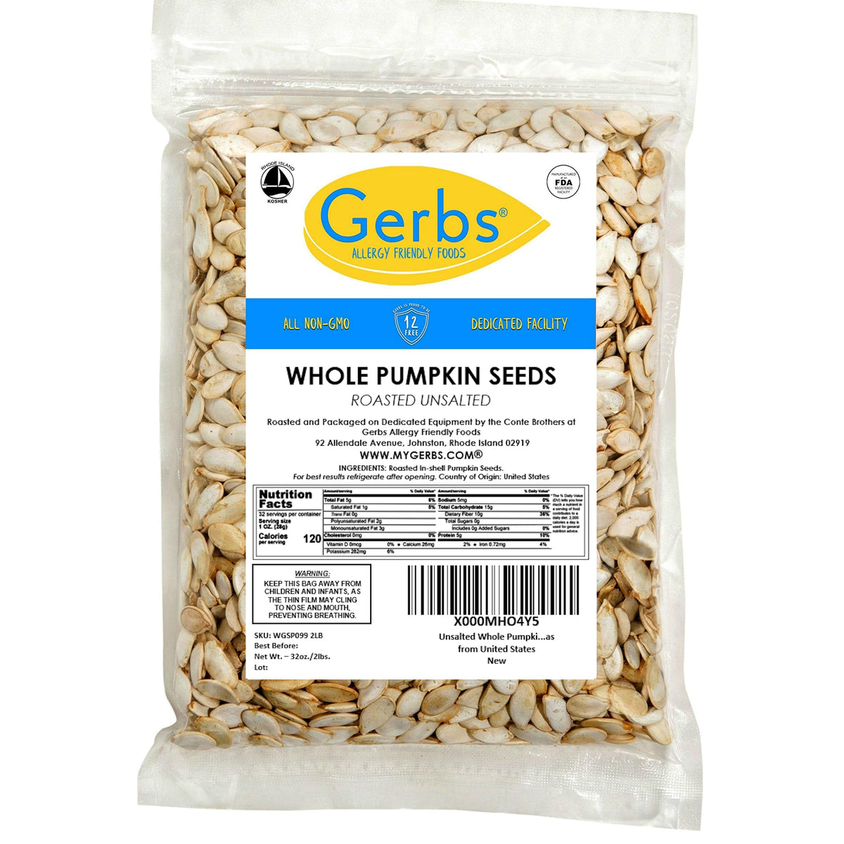 Gerbs Pumpkin Seeds in-Shell: Roasted & Unsalted, 2 lb – Premium AA, Allergen-Free, Vegan & Kosher, USA Made