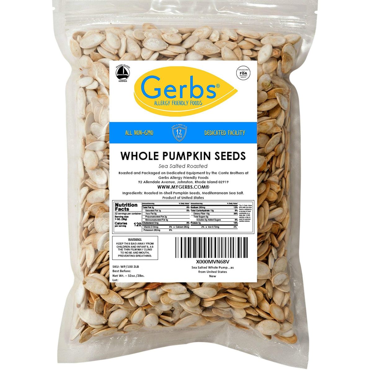Gerbs Sea Salted Roasted Pumpkin Seeds in Shell – 2 LBS, Allergen-Free & Non-GMO (USA)