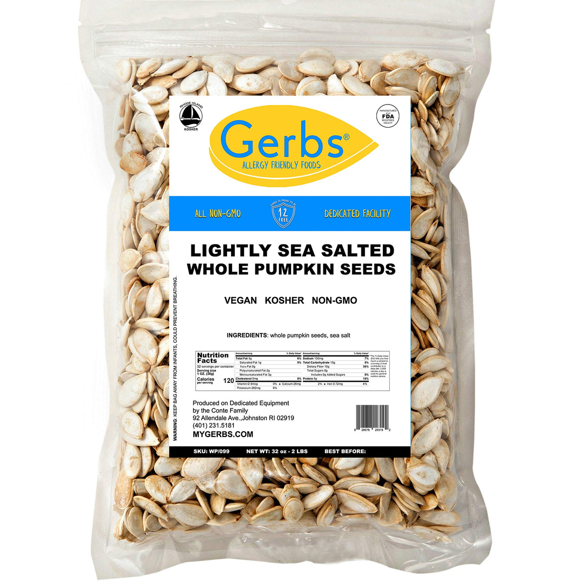 GERBS Lightly Sea Salted Pumpkin Seeds in Shell – 2 LBS, Allergen-Free, Non-GMO, Vegan & Kosher | Premium Whole Roasted Pepitas – Made in the USA