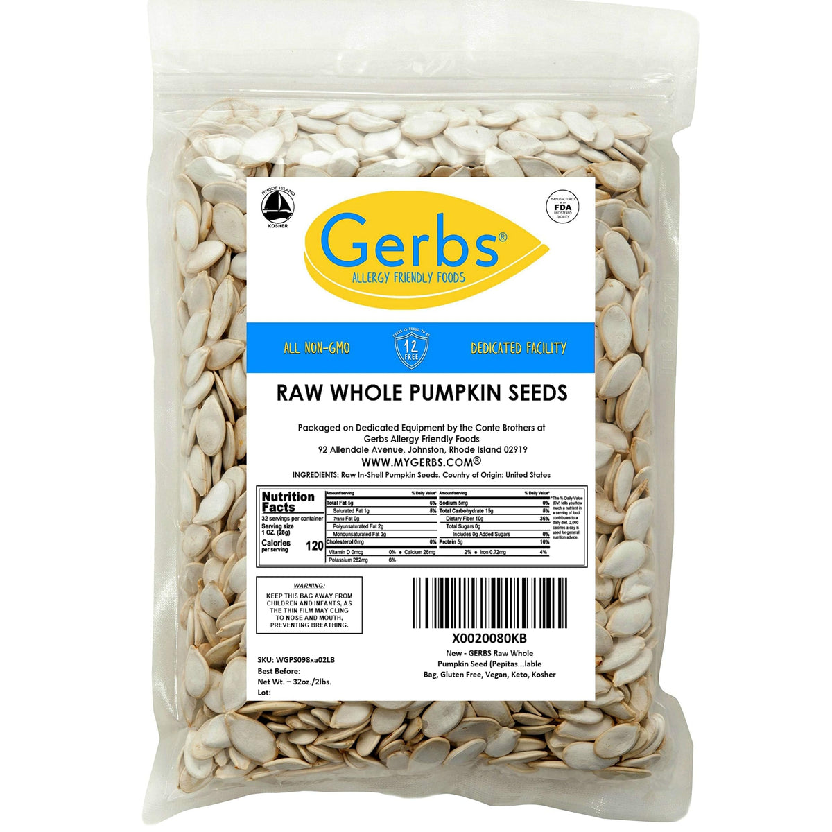 GERBS Raw Whole Pumpkin Seeds 2 lb | In-Shell 10.5 mm | Allergen-Free & Resealable