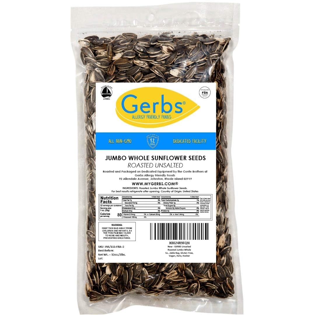 GERBS Jumbo Unsalted Sunflower Seeds in Shell – 2 LBS | Allergen-Free & Non-GMO