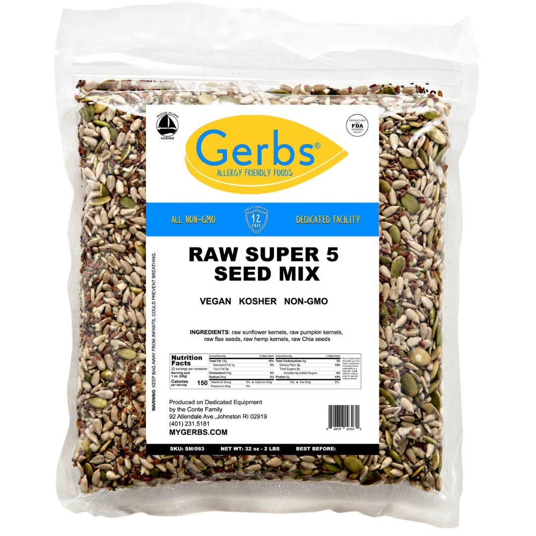 GERBS Super 5 Seed Snack Mix 2 lb | Allergen-Free, No Additives, Resealable Bag