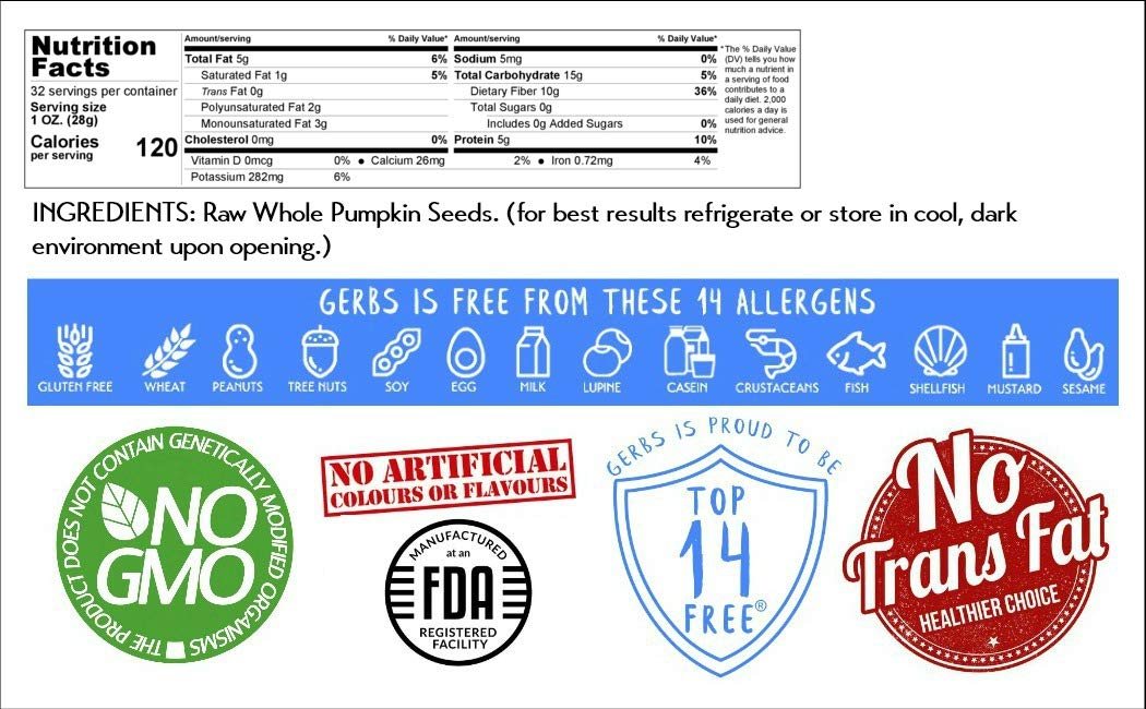 GERBS Raw Whole Pumpkin Seeds 2 lb | In-Shell 10.5 mm | Allergen-Free & Resealable