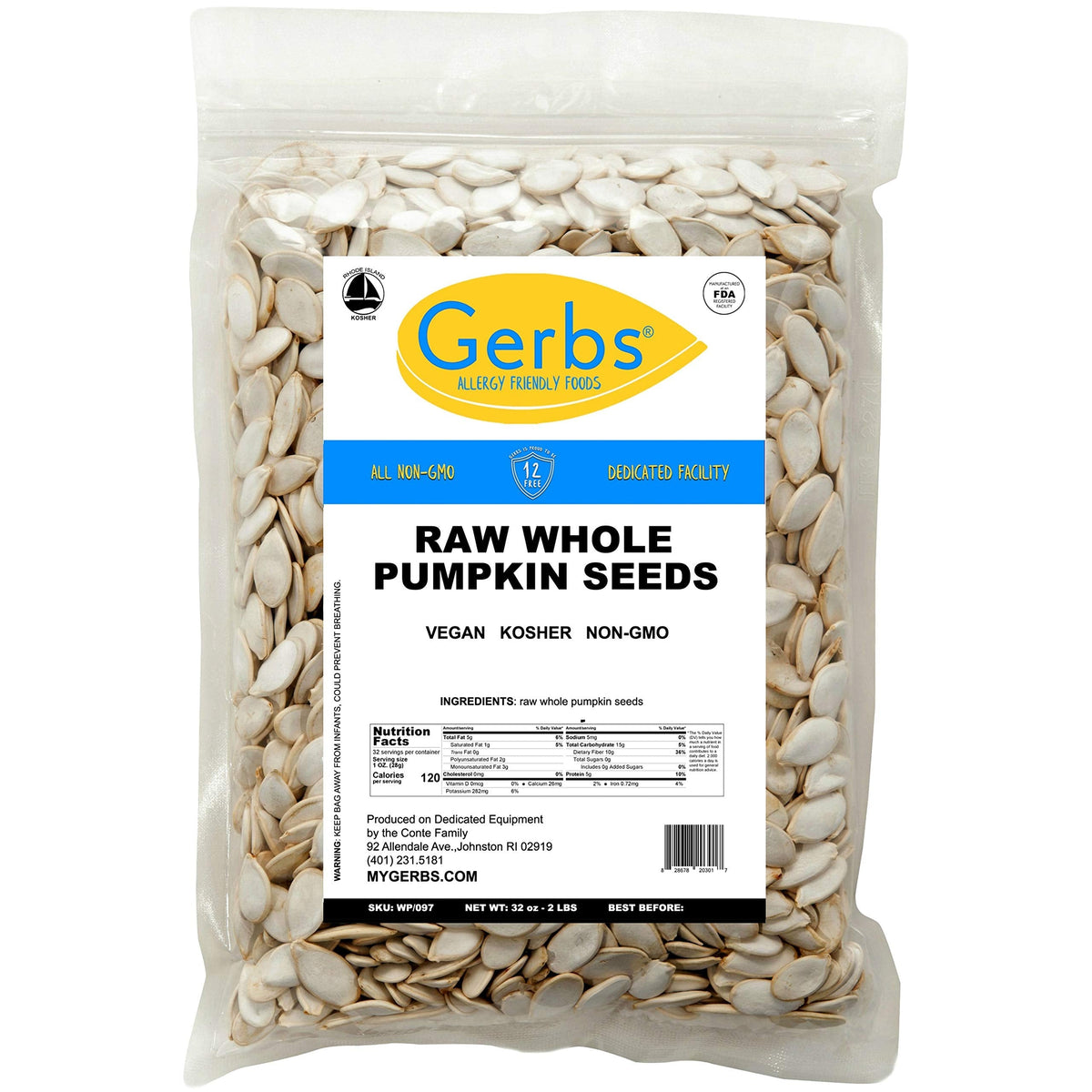 GERBS Raw Whole Pumpkin Seeds 2 lb | In-Shell 10.5 mm | Allergen-Free & Resealable