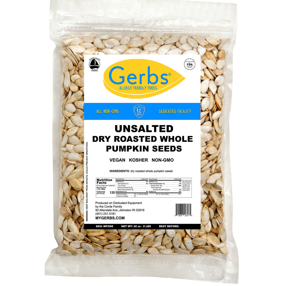 Gerbs Pumpkin Seeds in-Shell: Roasted & Unsalted, 2 lb – Premium AA, Allergen-Free, Vegan & Kosher, USA Made