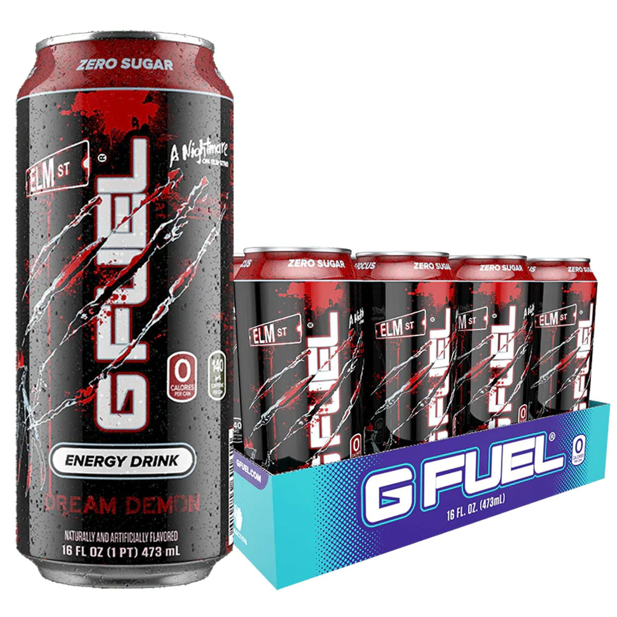 G Fuel Nightmare on Elm Street Energy Drink – Sugar Free, 140 mg Caffeine, Tart Fruit Punch, 16 oz Cans (12-Pack)