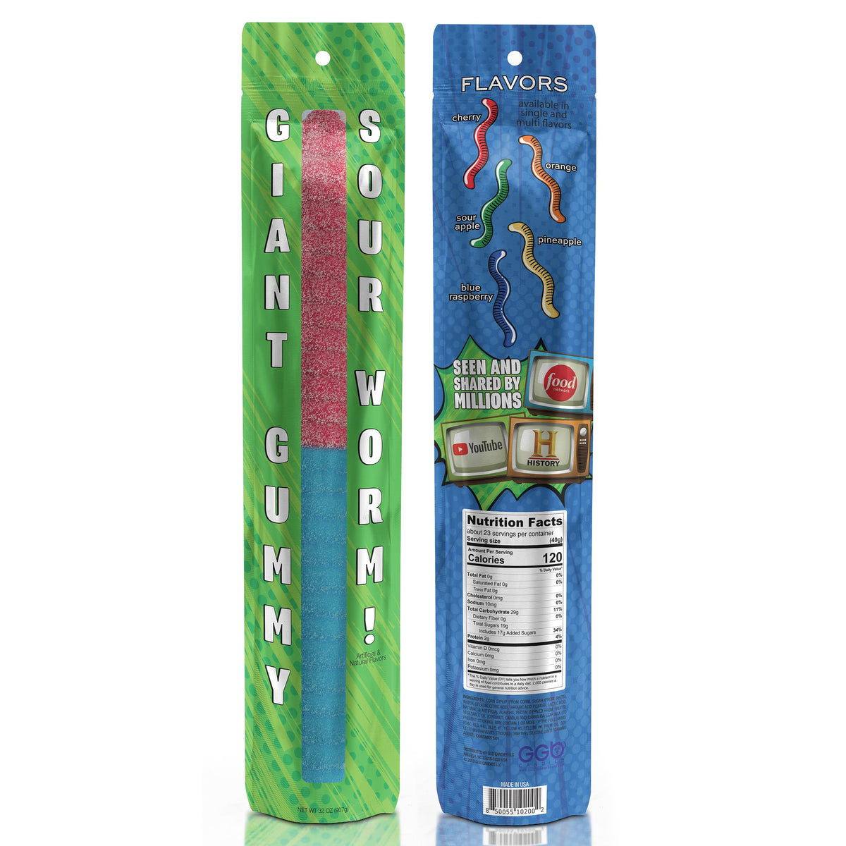 GGB Candies Sour Giant Gummy Worm – 2 lb Candy (Cherry and Blue Raspberry)