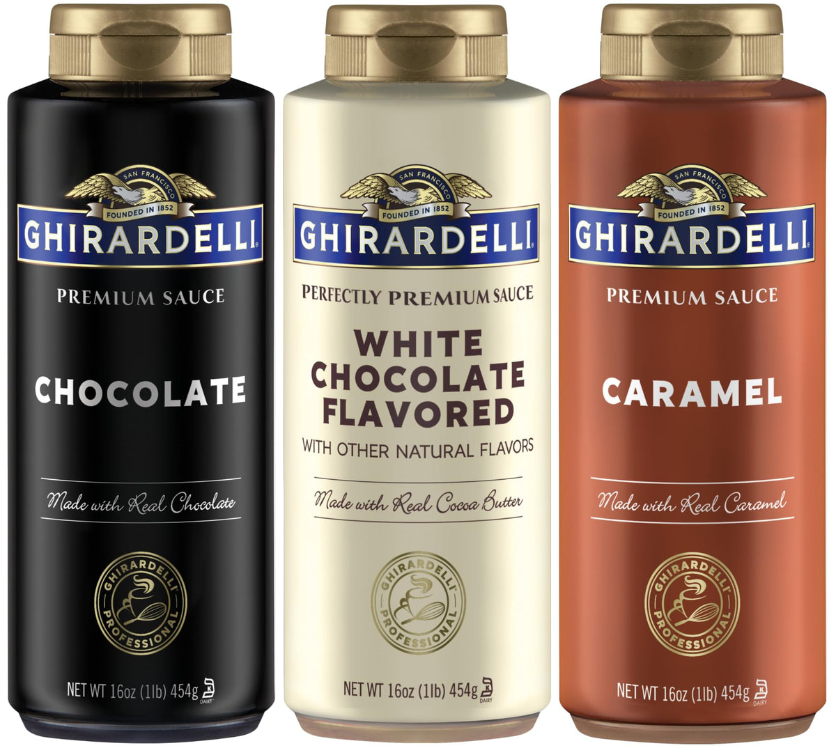 Ghirardelli Squeeze Bottles Set — Chocolate, Caramel & White Chocolate Sauces (3-Pack)