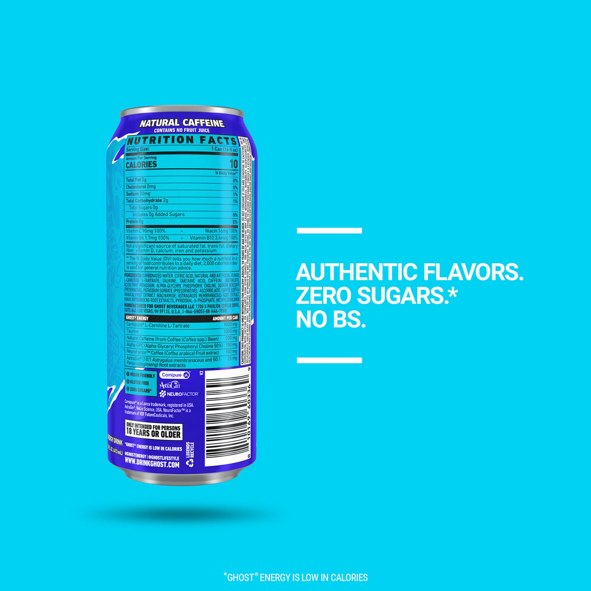 GHOST Energy Drink - 12-Pack Blue Raspberry, 16oz Cans | 200mg Natural Caffeine, Focus & No Artificial Colors