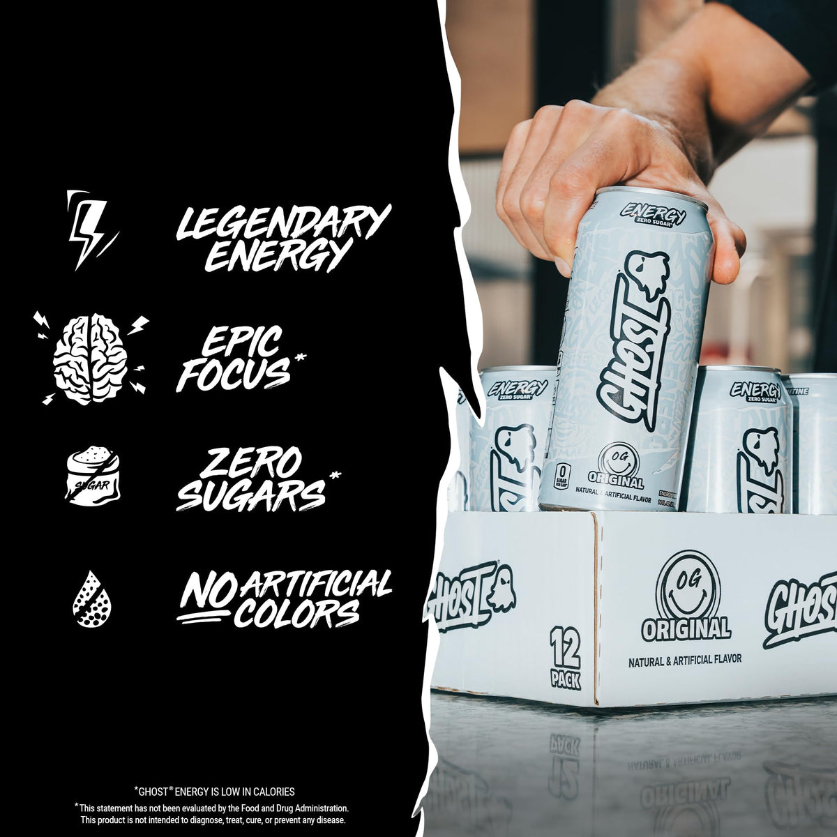 GHOST Energy Drink - 12-Pack, Original 16oz | 200mg Natural Caffeine, L-Carnitine & Taurine, Transparent Label, Vegan & Gluten-Free